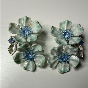 Lisner Vintage Floral Clip-On Earrings with Blue Rhinestone Centers fairy garden